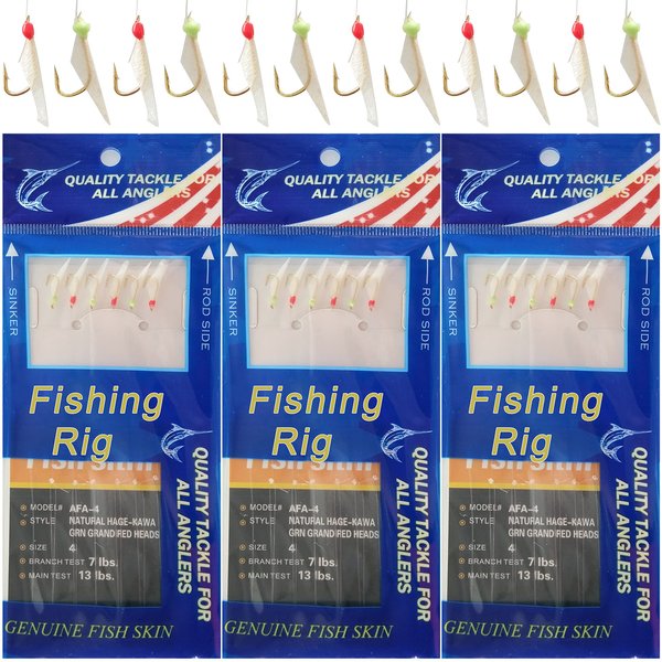 Fishing Bait Rigs Set,12 Packs Surf Fishing Rigs Saltwater Fishing Lure Rigs with Real Fish Skin Sharp Hooks Glow Beads Freshwater Saltwater Bait Rigs Size 4 6 8