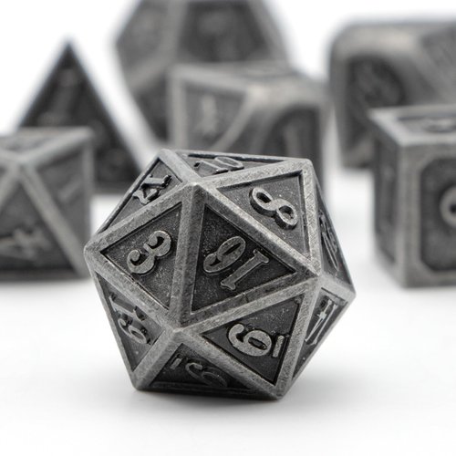 Metal Dice Set, HNCCESG Polyhedral D&D Dice for Dungeons and Dragons RPG DND Dice for Role Playing MTG Tabletop Gaming Shadowrun Pathfinder 7PCS D20 D12 D10 D8 D6 D4（Ancient Silver）
