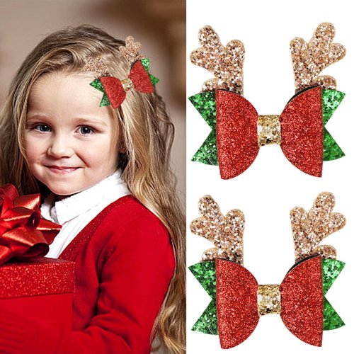 2PCS Glitter Antler Bow Hair Clips Christmas Hair Clips fot Kids and Girls Green Sequin Reindeer Antlers Headdress Elk Ears Hair Pins Hair Accessories Gift For Baby Girls Xmas Hair Accessories