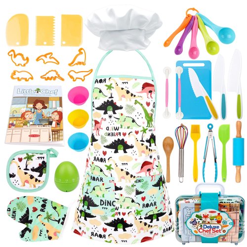 Veitch fairytales Kids Cooking Baking Set for Girl Boy, Real Baking Supplies Kits, Birthday Gifts for 3+ Year Old Girls, Kids Baking Utensils Includes Rolling Pins Chef Costume Hat and Apron Dinosaur
