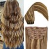 Eufficco Human Hair Lace Clip In Hair Extensions Thick Ends Highlights Piano Color Chocolate Brown/Strawberry Blonde 16inch 100g Remy Hair Extensions Silky Soft Lace Backed Clip On Hair Extensions