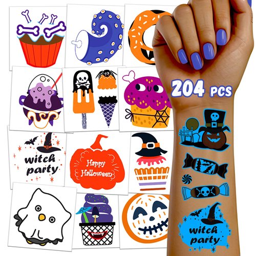 TatoYard 204 Sheets Halloween Bulk Glows Temporary Tattoos, Individual Fake Glows Tattoos Stickers for Kids, Long Lasting Waterproof Cute Tiny Tattoos for Halloween Party Favors Decorations (Blue)