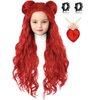 AMZCOS Kids Red Costume Wig with Buns and Red Necklace Earrings Long Red Wavy Hair Wigs for Girls Halloween Cosplay (Kids)