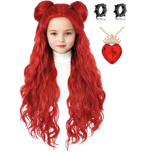 AMZCOS Kids Red Costume Wig with Buns and Red Necklace Earrings Long Red Wavy Hair Wigs for Girls Halloween Cosplay (Kids)