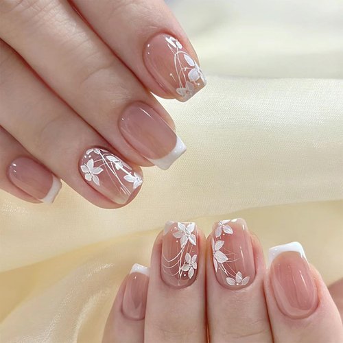 White French Tip Press on Nails Short Square Nude Pink False Nails Flower Designs Fake nails Artificial Glossy Acrylic Stick on Nails Reusable Stick on Nails for Women Girls Nail Decor 24Pcs