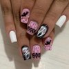 Halloween Press on Nails Medium Square Fake Nails with Glue Horror Ghost Face Glue on Nails Pink Acrylic Nails Blood Bat Skull Stick on Nails Full Cover Nail Tips False Nails for Women and Girls 24Pcs