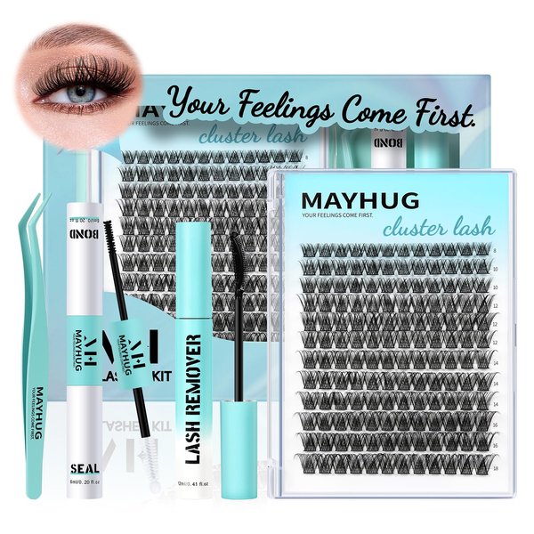 Mayhug Lash Extension Kit 144Pcs Lash Clusters Kit Wispy Eyelash Extensions 8-18MM Individual Lashes Extensions with Bond and Seal Lash Glue and Eyelash Extension Tweezers DIY at Home