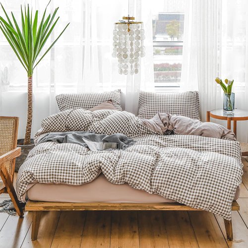 NSNLGSGC Twin Grid Gingham Duvet Cover Set Tan - Washed Soft Comforter Cover Set Brown Lightweight Bedding Set (2PCS, Twin)
