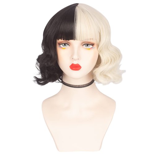 Askuang Black and Light Blonde Wig for Cruella Deville Costume Women Short Curly Half Black Half Light Blonde Wig with Bangs Heat Resistant Wigs for Women Girls Cosplay Halloween Costume Party