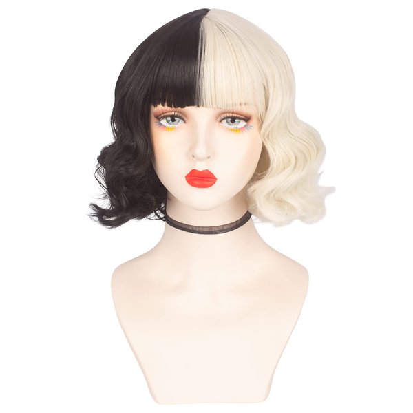 Askuang Black and Light Blonde Wig for Cruella Deville Costume Women Short Curly Half Black Half Light Blonde Wig with Bangs Heat Resistant Wigs for Women Girls Cosplay Halloween Costume Party