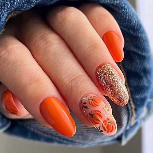 Bright Press on Nails Orange Medium Almond Shape, Glossy Gold Glitter Full Cover Acrylic Nails False Nails with Pumpkin Designs, Cute Artificial Fake Nails with Glue Stick on Fingernails for Women