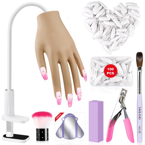 Saviland Silicone Practice Hand for Acrylic Nails, Upgraded Flexible Moveable Fake Hands with No Breaking or Falling, Manicure Training Hand Nail Kit with 100PCS Nails Tips Home Salon Christmas Gift