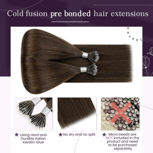 LaaVoo Nano Ring Hair Extensions Human Hair Medium Brown Nano Bead Hair Extensions Human Hair Cold Fusion Brown Nano Tip Hair Extensions Human Hair 50g/50s 20in