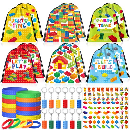 Winrayk 12 Sets Building Blocks Party Favors Birthday Supplies for Kids, Building Block Themed Drawstring Bags Stickers Filler Goody Bag Stuffers, Girls Boys Game Building Blocks Birthday Party Favors