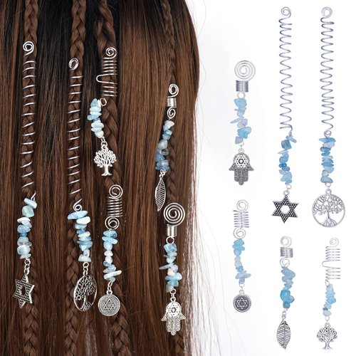 FRESHME Blue Crystal Hair Jewelry for Braids - Viking Hair Clips Dreadlock Jewelry Hair Spiral Beads Hair Accessories Wraps Hair Pendants Decoration for Women s Halloween Renaissance Elf Costume 6