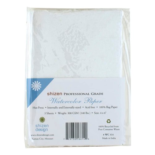 Shizen Design, Watercolor Paper, White, Hot Press, 4 x 6 Inches, Pack of 5 Sheets, WC 321