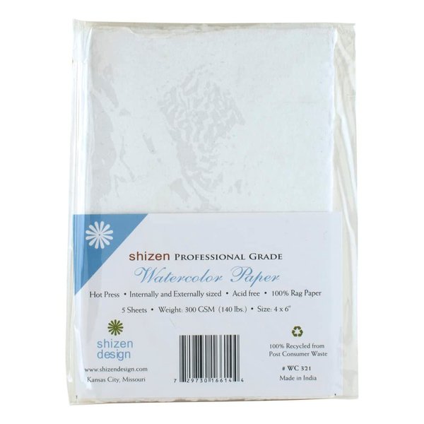Shizen Design, Watercolor Paper, White, Hot Press, 4 x 6 Inches, Pack of 5 Sheets, WC 321