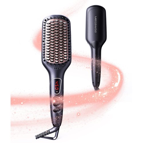 MEGAWISE Pro Ceramic Ionic Hair Straightener Brush for Home Salon, Straightening Hair Brush with 20s Heating Tech, Auto-Off, Anti-Scald with Universal Dual Voltage,Rotatable Power Cord, Black