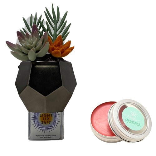 Bath & Body Works Geo Succulent Nightlight Wallflowers Fragrance Plug and a Strawberry Lip Balm.