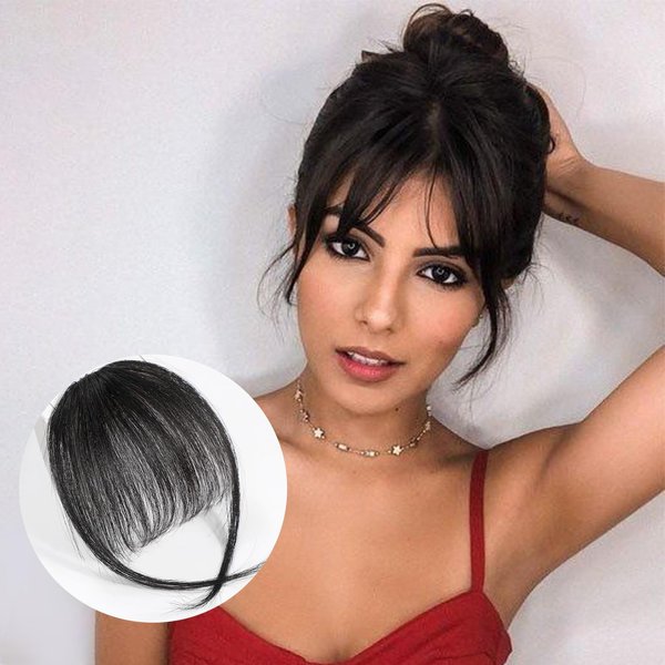 HAIRCUBE Bangs Hair 100% Human Hair Wispy Bangs, Hair Clip in Bangs, Fringe with Temples, Hairpieces for Women, Clip on Air Bangs, Hair Extension for Daily Wear Natural Black 1B#