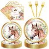 Horse Birthday Party Supplies Tableware - 96 Pcs Golden Horse Themed Plates and Napkins Sets with Forks, Cowgirl Birthday Party Decorations, Western Baby Shower Disposable Dinnerware, Serves 24