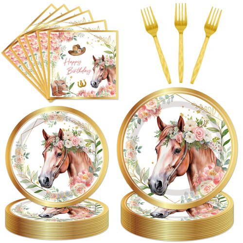Horse Birthday Party Supplies Tableware - 96 Pcs Golden Horse Themed Plates and Napkins Sets with Forks, Cowgirl Birthday Party Decorations, Western Baby Shower Disposable Dinnerware, Serves 24