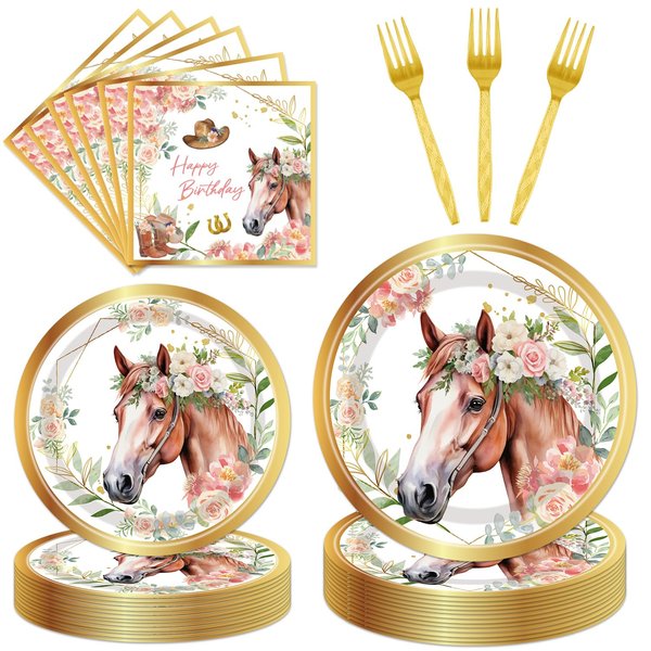 Horse Birthday Party Supplies Tableware - 96 Pcs Golden Horse Themed Plates and Napkins Sets with Forks, Cowgirl Birthday Party Decorations, Western Baby Shower Disposable Dinnerware, Serves 24