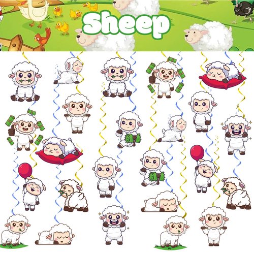24 Pcs Sheep Hanging Decorations Sheep Hanging Swirls Ceiling Swirls Sheep Birthday Party Supplies for Sheep Party Decorations Farm Animals Hanging Decorations