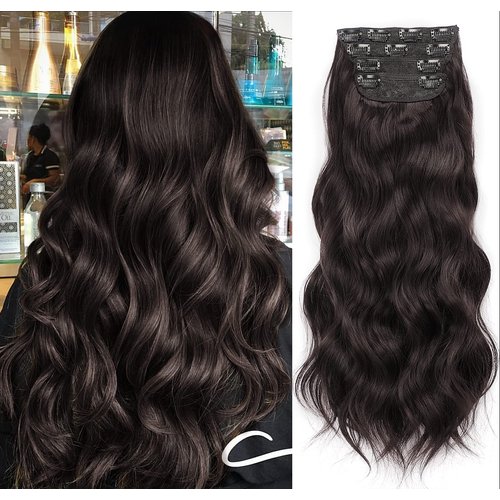Nnzes Hair Extensions, Clip in Hair Extensions 4PCS Thick Clip in Hairpieces Double Weft 20 Inch Long Wavy Synthetic Dark Brown Hair Extension for Women