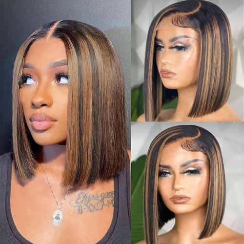 Colorful Bird Ombre Bob Wig Human Hair FB30 Blonde Glueless Hd Lace Front Bob Wigs Straight Highlight Bob Wig Human Hair Pre Plucked Highlights Closure wig for Women 150% Density 10 Inch
