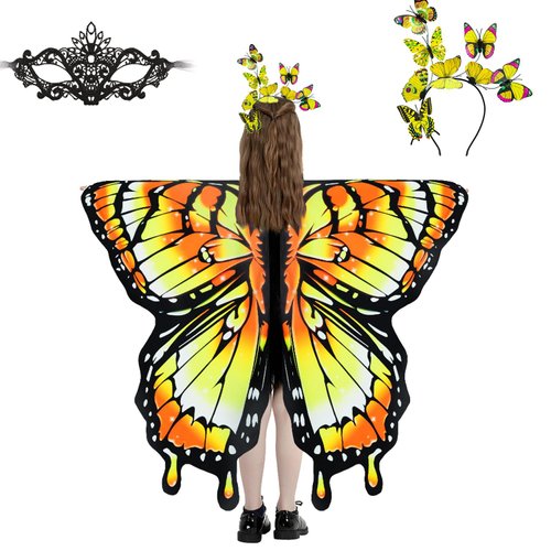 plainshe Halloween Costumes for Girls，Butterfly Wings Kids, Fairy Wings Monarch，3PCS Butterfly Costume Set.