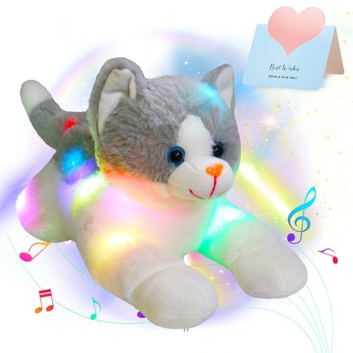 Houwsbaby 15‘’ LED Musical Stuffed Animal Cat Floppy Singing Kitty Light Up Plush Toy Kitten Lull...