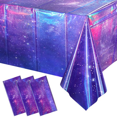 YIDAKO 3Pcs Iridescent Space Tablecloths, Disposable Plastic Purple Galaxy Table Cloth Rectangle Table Covers for Space Starry Night Star Theme Party Birthday Party Decorations, 54x108 Inch