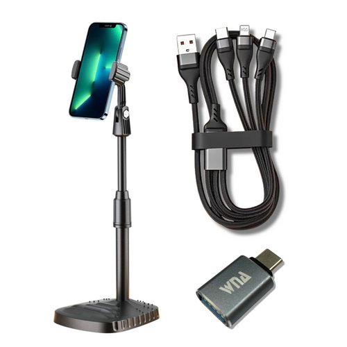 Smart Phone and Tablet Stand with 3 in 1 USB Charging Cable and USB C Adaptor Set Bundle