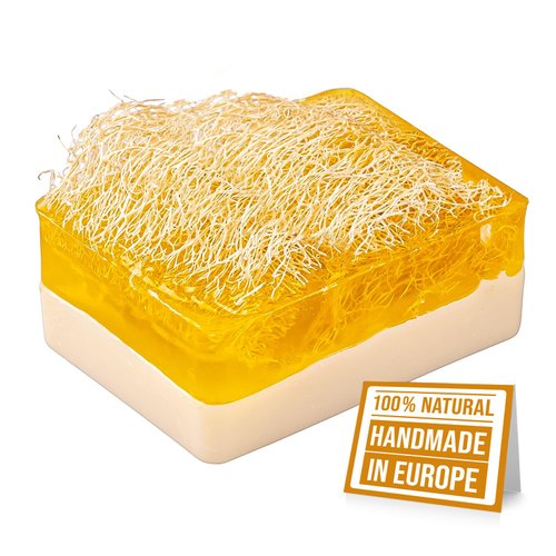 HARMONIFY Donkey Milk Lemon St. John's Wort Exfoliating Soap Bar, Natural, Nourishing, Hydrating, Moisturizing Handmade Soap For Face and Body Pumpkin Fiber Loofah [4.25 Oz - 120 gr]