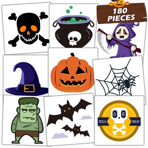 180pcs 60 Designs Halloween Temporary Tattoos for Kids, Children Fake Tattoos Stickers Party Supplies, Pumpkin Lantern Ghost Vampire Tattoo Body Sticker Halloween Party Themed Accessory Decorations