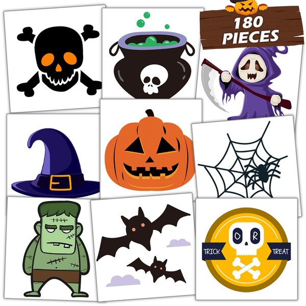 180pcs 60 Designs Halloween Temporary Tattoos for Kids, Children Fake Tattoos Stickers Party Supplies, Pumpkin Lantern Ghost Vampire Tattoo Body Sticker Halloween Party Themed Accessory Decorations
