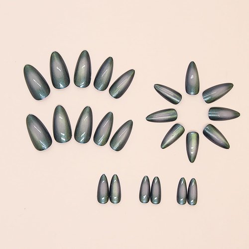 Cat Eye False Nails Press on Nails Medium Almond Shaped Dark Green Design Cat Eye Fake Nails Artificial Acrylic Nails Solid Colors Nails 24Pcs Full Cover Glossy Reusable Glue on Nails for Women