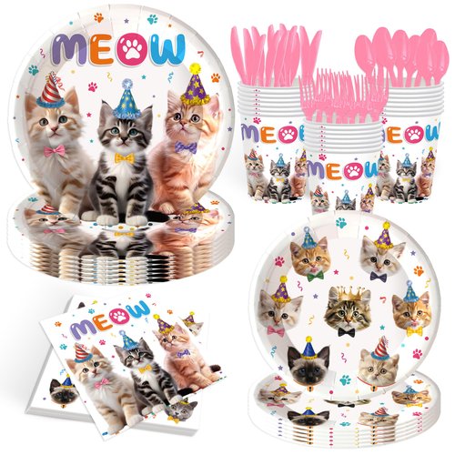JLCFUTURE 140Pcs Cat Birthday Party Decorations Plates and Napkins Cat Party Supplies Tableware Set Cat Theme Baby Shower Birthday Party Decorations Cat Paper Plates, Serves 20 Guests