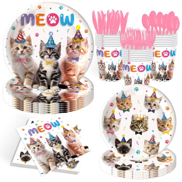 JLCFUTURE 140Pcs Cat Birthday Party Decorations Plates and Napkins Cat Party Supplies Tableware Set Cat Theme Baby Shower Birthday Party Decorations Cat Paper Plates, Serves 20 Guests