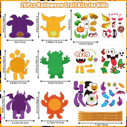 JULBEAR Halloween Craft Kits for Kids, 26 PCS Halloween Party Favors Make Your Own Monster DIY Paper Crafts Stickers for Halloween Party Games Activities