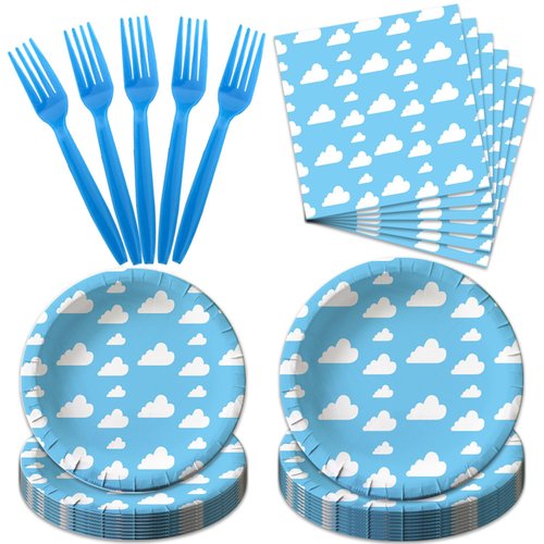 96Pack Blue Sky White Clouds Party Paper Plates and Napkins Sets, Party Decorations Plates Cloud Supplies 24 Guests Tableware for Kids
