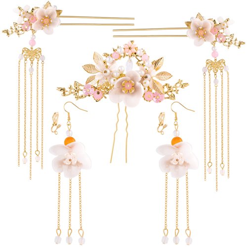 HINZIC 5Pcs Flowers Tassel Hair Pins Set, Crystal Rhinestone Pearl Hair Stick, Chinese Hanfu Traditional Wedding Classical Hair Accessories Earrings Set for Women Girls Updo Long Hair