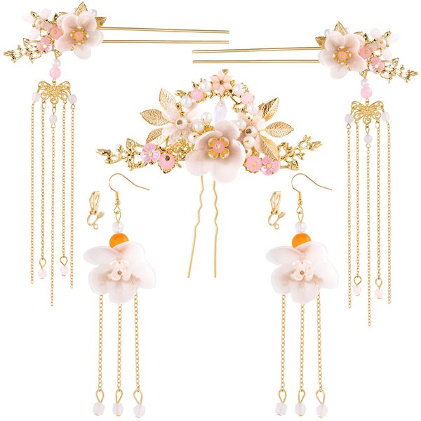HINZIC 5Pcs Flowers Tassel Hair Pins Set, Crystal Rhinestone Pearl Hair Stick, Chinese Hanfu Traditional Wedding Classical Hair Accessories Earrings Set for Women Girls Updo Long Hair