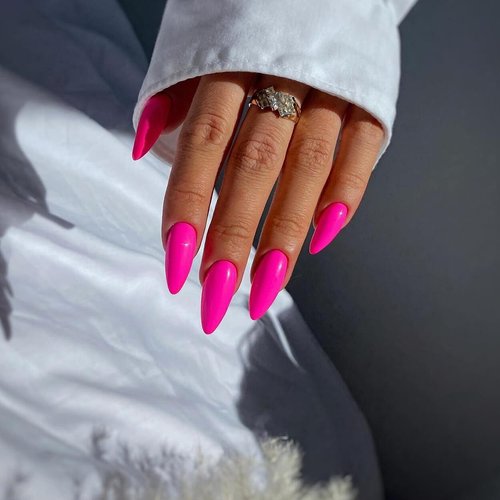 KQueenest 48 PCS Almond Press on Nails Medium Length,Press on Hot Pink Nails,Solid Vibrant Color,Medium Fake Nails Acrylic,Stiletto Nails Glue on,Gel Stick on Nails for Women Girls Finger Decoration
