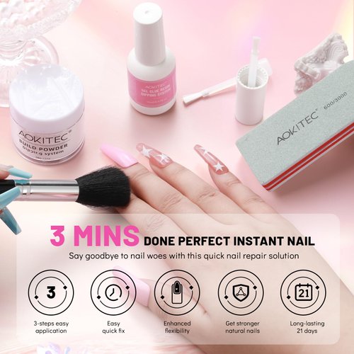 Aokitec Clear Dip Powder For Nails - 28g Build Powder Nail Repair Kit with 15ml Nail Repair Glue for Broken Cracked Split Weak Nails Ideal Solution Emergency Easy Quick Fix Air Dry Salon Home Use