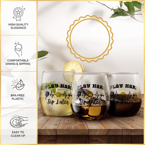 Pickleball Stemless Wine Glass, Fun Novelty, 'Play Hard, Sip Later', BPA Free, Dishwasher Safe, holiday gift, Mother's Day gift, Perfect for fun, parties, white elephant