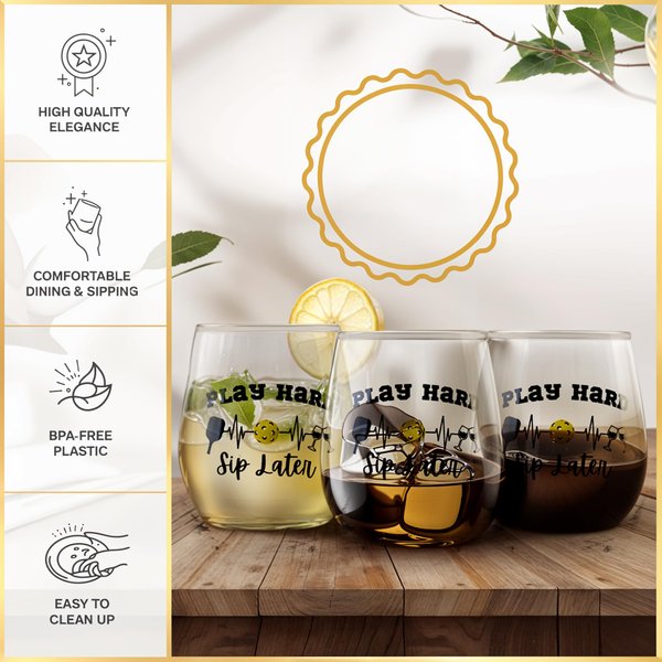 Pickleball Stemless Wine Glass, Fun Novelty, 'Play Hard, Sip Later', BPA Free, Dishwasher Safe, holiday gift, Mother's Day gift, Perfect for fun, parties, white elephant