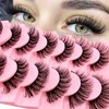 Russian Strip D Curl Lashes Flu-ffy 17mm Fake Faux Mink Lashes that Look Like Extensions Curly Volume Cat-Eye Lashes, Wispy Eyelashes 7 Pairs Pack(7P-E14)