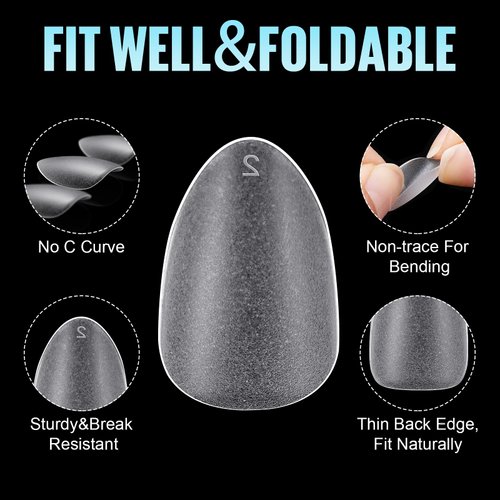 TOMICCA Short Almond Gel x Tips - Almond Shape Acrylic Nail Tips, Soft Gel Nail Tips Full Cover Nail Extensions 240pcs for Beginner and Professional 12 Sizes